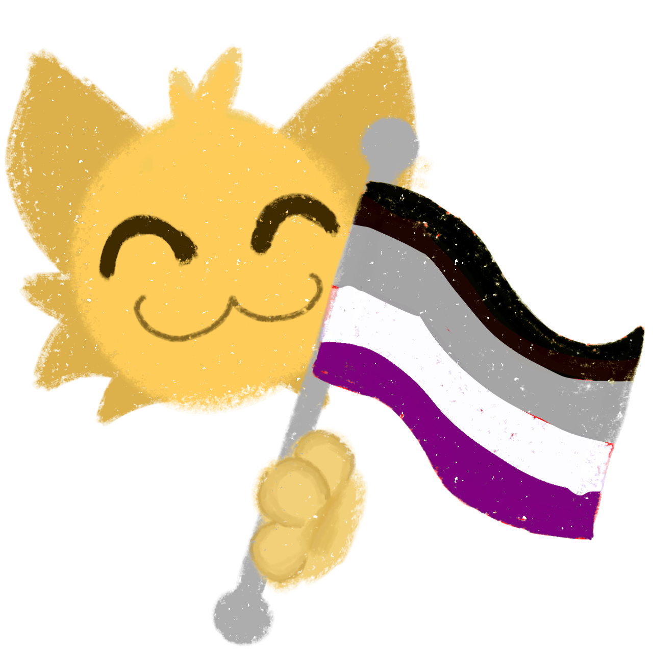 a cute, stylized, yellow cat-like character with a happy expression, holding a asexual flag, which includes four colors: black, gray, white, and purple. The cat character has round, simple facial features, and the image has a textured, slightly rough, hand-drawn style.